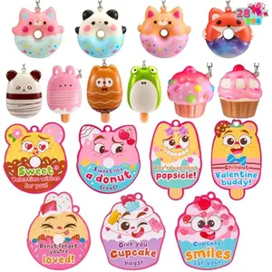 28 Packs Valentine Dessert squishy toys Stress Relief Keychains with Fun Dessert Cards, PU Donuts Squishy Toys, Cupcake & Popsicles Keychain, Slow-Rising Toy for Kids Classroom Gift Party Favor