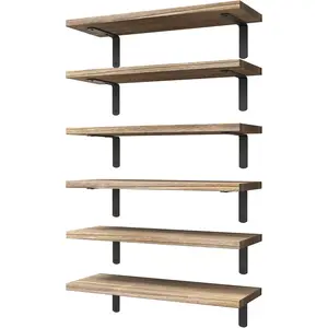 Wood Floating Shelves Set of 6, Shelves for Wall, Farmhouse Shelf for Bedroom, Shelves, Book Shelves for Living Room - Rustic Brown