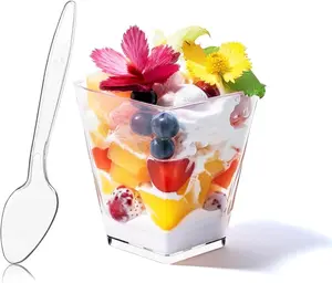 50 Pack 5 oz Square Dessert Cups with Spoons Clear Plastic Parfait Cups for Party Mini Serving Shooter Appetizer Cups Dessert Shot Glasses for Tasting Samples Fruit Ice Cream