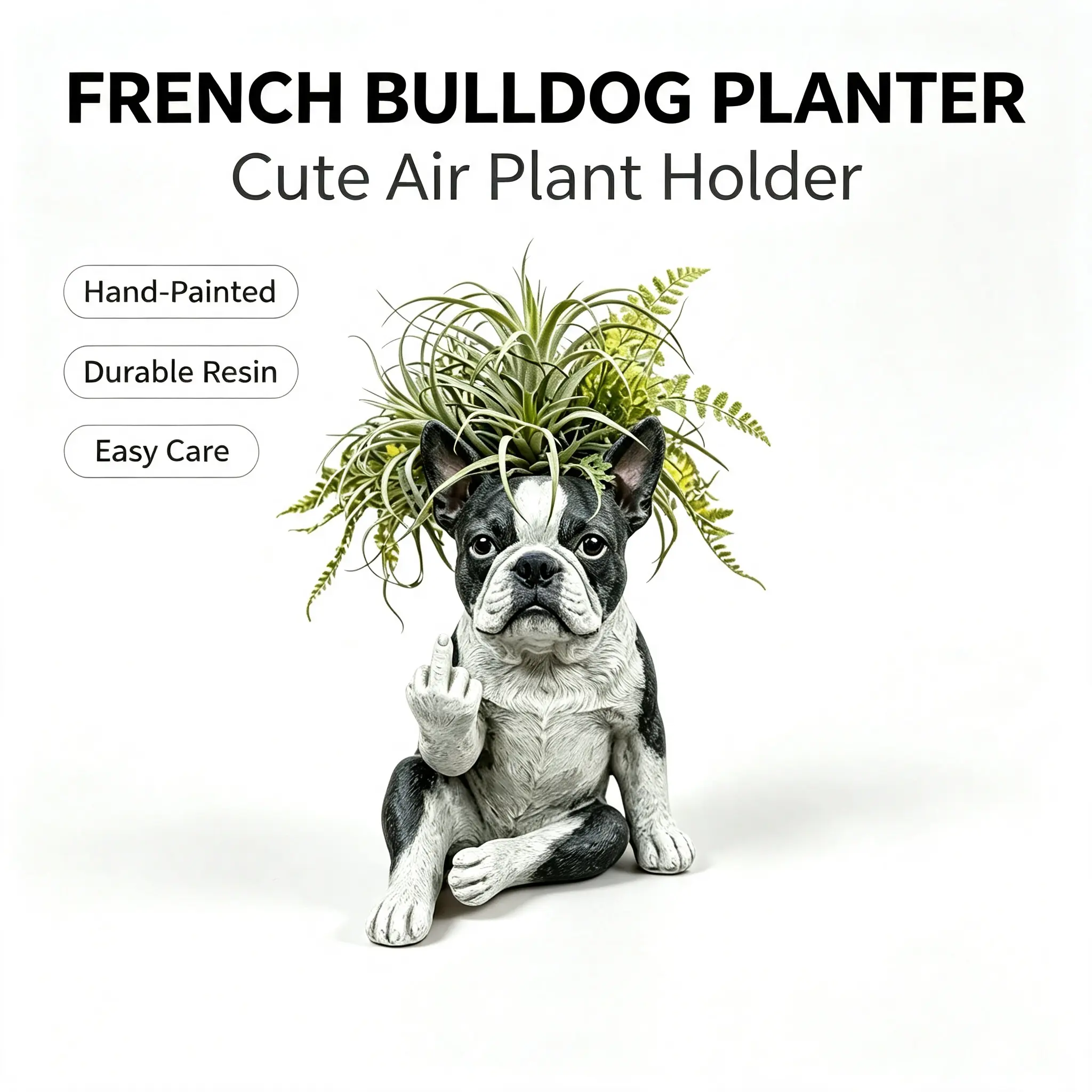 Resin Middle Finger French Bulldog Planter Pot - Quirky Air Plant & Succulent Holder, Funny Home Decor Statue, Unique Gift for Dog Lovers