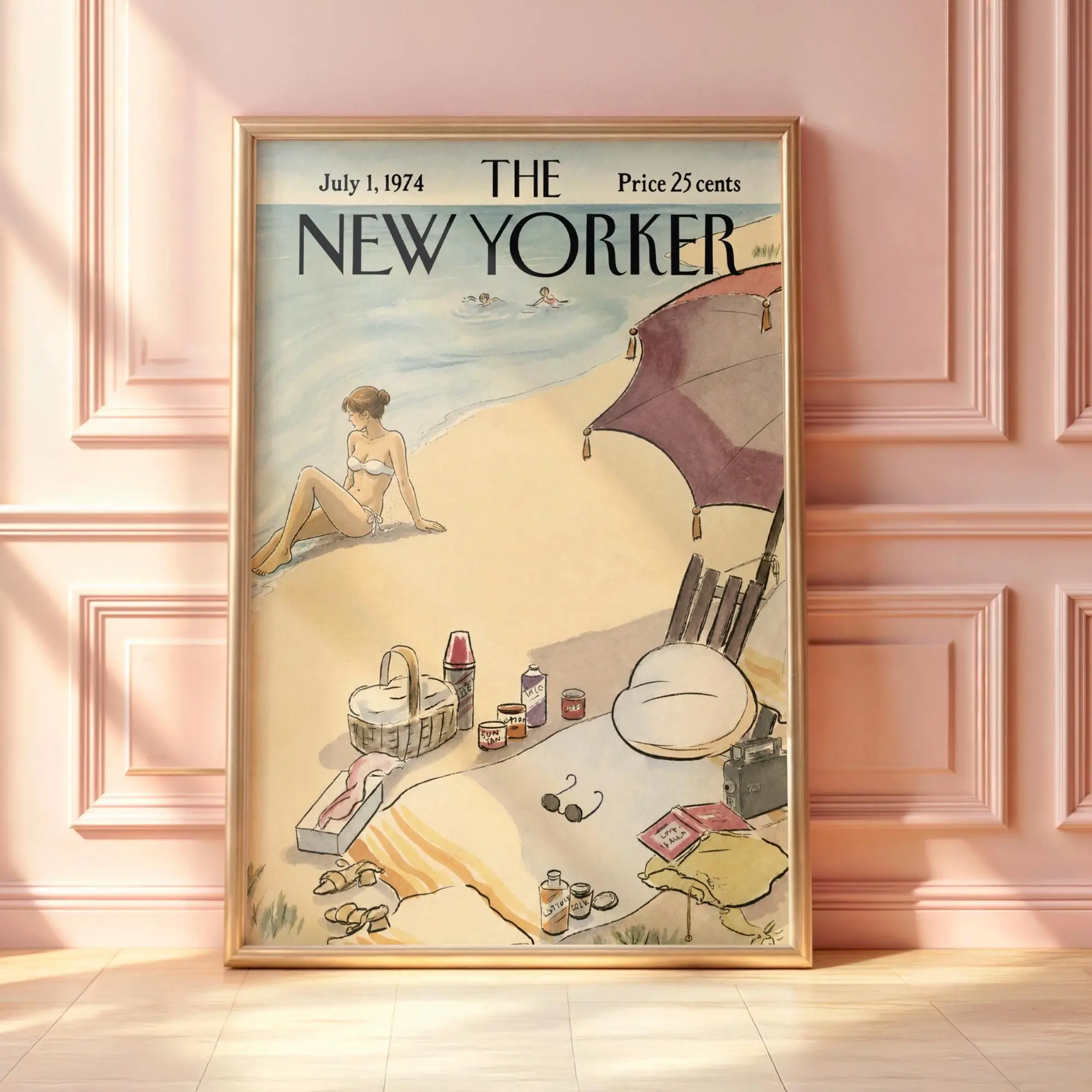 Vintage New Yorker Beach Poster, Coastal Summer Wall Art, Retro Seaside Illustration Print, Relaxing Ocean Escape, Magazine Cover