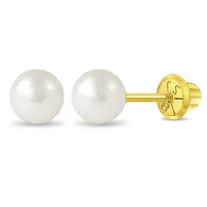 18k Gold Classic Freshwater Cultured Pearl 3-6mm Baby / Toddler / Kids Earrings Safety Screw Back