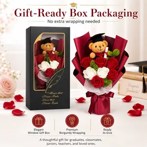 2026 Graduation Plush Bear Bouquet, Pre-Assembled Soap Rose Flower Bouquet in Gift Box, Perfect Graduation Gift for Friends, Classmates, Daughter, Keepsake Floral Arrangement with Protective Packaging