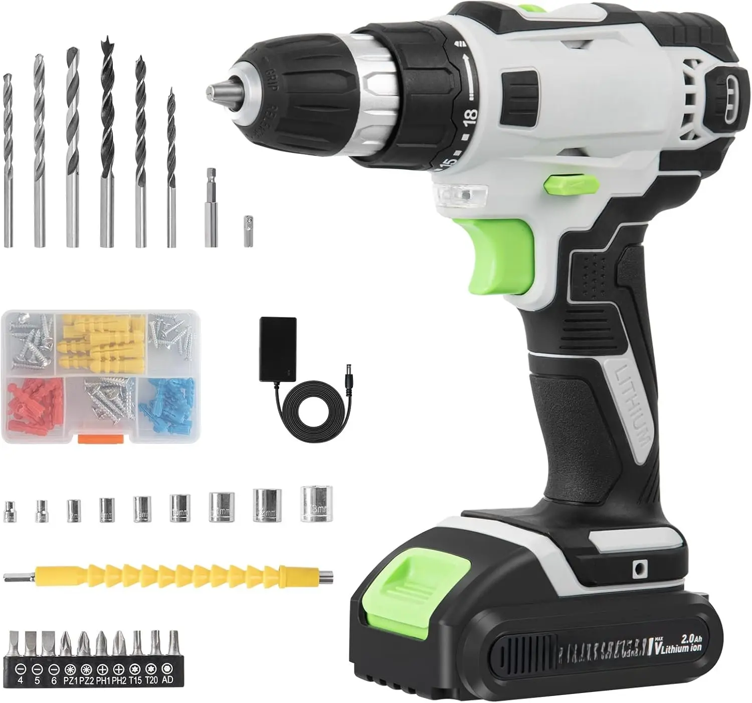 21V Cordless Drill Set, Power Drills Kit with 2.0Ah  and Charger, Electric Driver/Drill Bits, Max Torque 40Nm, 3/8-Inch Keyless Chuck, Variable Speed, with LED Light