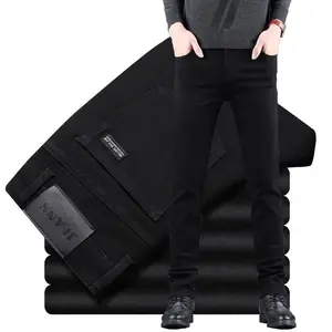 Spring Autumn New Men's Pure Black Slim Jeans Elastic Straight Pants Business Fashion Leisure Korean Vintage Denim Pants Male Casual Fabric