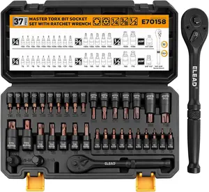 37-Piece Master Torx Bit Socket Set, 1/4", 3/8", 1/2" Drive Star & Tamper Proof T6-T70, T6H-T70H, Premium CR-V & S2 Alloy Steel, Ratchet Wrench, Sockets Adapter, High Torque for Automotive Mechanic