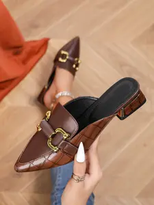 Women's Pointed Toe Mule Shoes with Buckle Strap, Open Back High-End Casual Work Shoes, Fashionable Slip-On Flats for Women