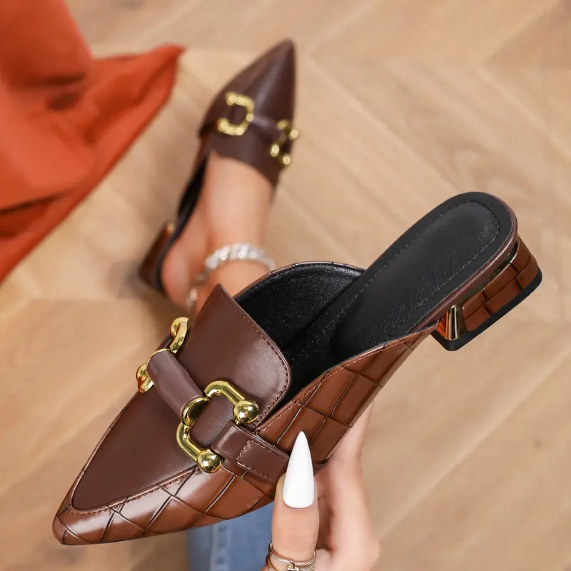 Women's Pointed Toe Mule Shoes with Buckle Strap, Open Back High-End Casual Work Shoes, Fashionable Slip-On Flats for Women Half Slipper Mules