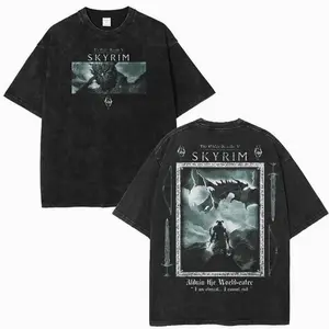 Retro Limited Skyrim T-Shirt, Dragonborn Alduin Battle Oversized Tee, Heavyweight Washed Cotton, RPG Game Merch, Casual Streetwear Fabric Menswear GNA 9GK