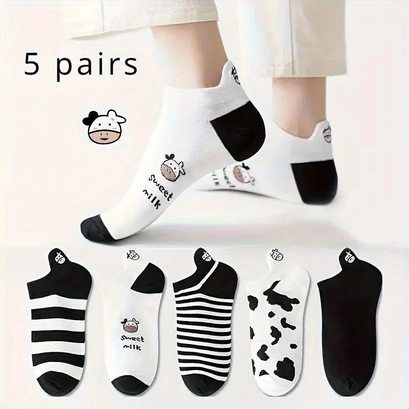 5 Pairs mix color women's cute cow pattern no show socks non slip moisture wicking boat style perfect for new fall winter season daily trendy comfort