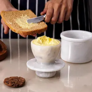 Elborse Marble Butter Keeper 4.25'' inches White Handmade French Butter Holder For Kitchen Counter Decor Ideal Butter Crock For Counter With Water & Butter Crock For Kitchen