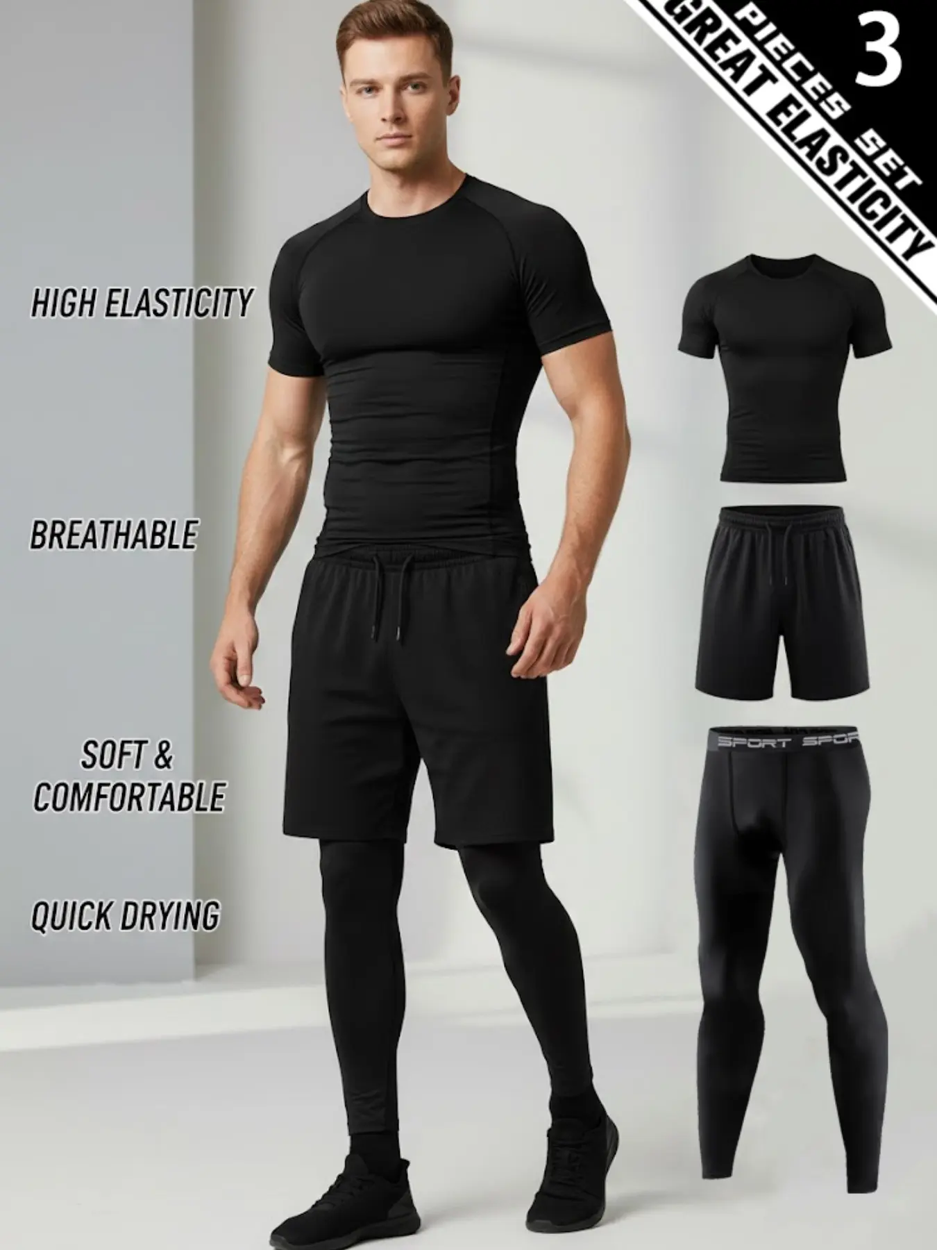 Men’s 3 Piece Workout Outfit Set, Sporty Breathable Outfits, Short Sleeve Shirt + Compression Pants + Outer Training Shorts, Soft Breathable High Stretch Performance Activewear for Running, Gym Fitness, Exercise Training and All-Season Daily Sports Wear