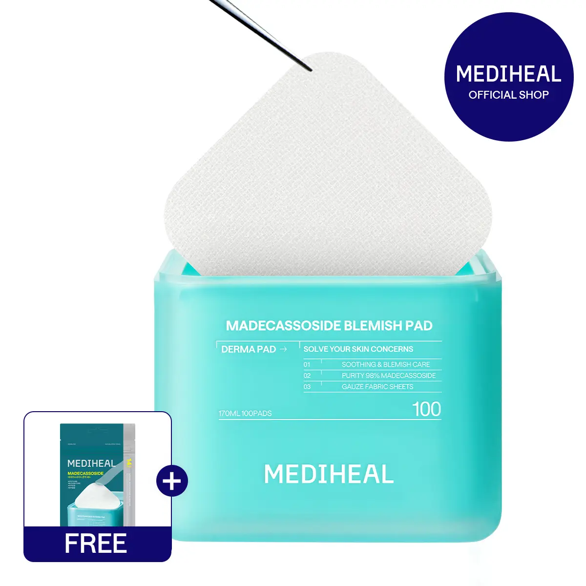 [MEDIHEAL] Madecassoside Blemish Pad (100pc) | 98% Pure Madecassoside | Dark Spot & Blemish Clearing | 239% Hydration Boost | Gauze Fabric | Korean Skincare