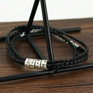 DIY Engrave Leather Braided Bracelet Stainless Steel Family Couple Name Engraved Beads Bracelets Unisex Thanksgiving Jewelry