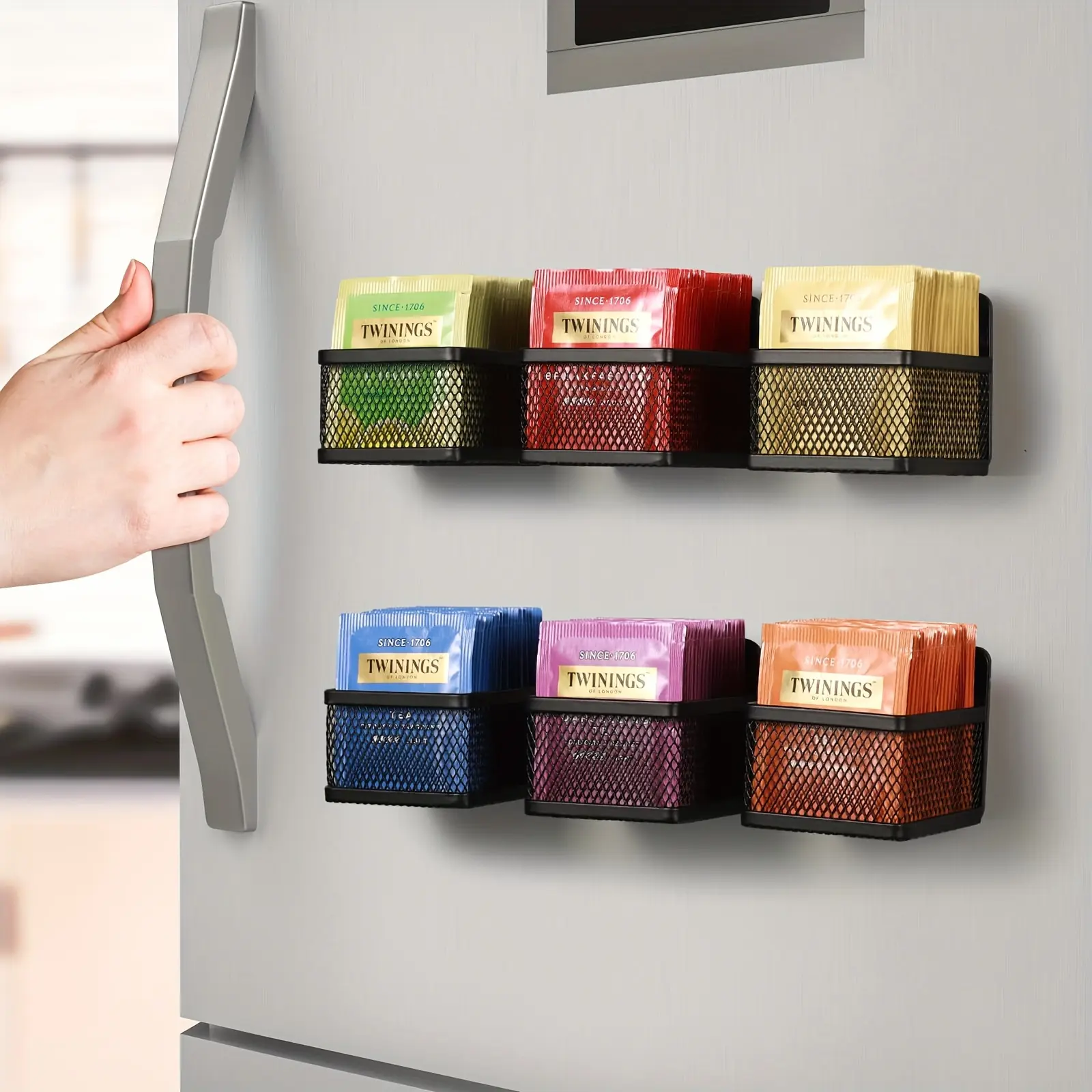 Magnetic Tea Bag Organizer, Set of 6 Metal Tea Storage Holders for Fridge, Countertop, or Kitchen Rack, Stylish, Space Saving Tea Accessories & Storage, Small, Black, Great Gift for Tea Lovers