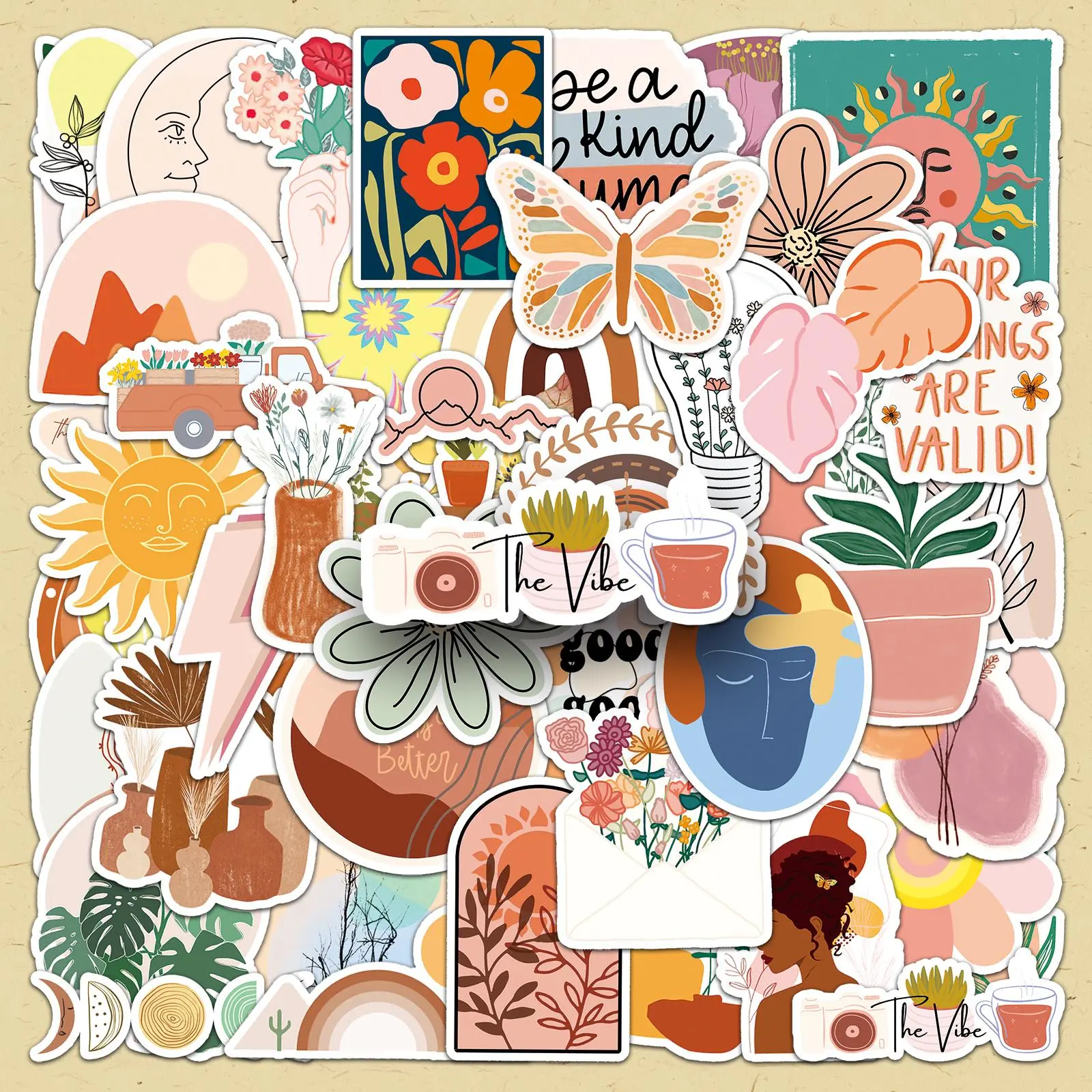 Boho Style Sticker, 100pcs/set Colorful Flower & Letter Pattern Decorative Sticker, DIY Decals for Water Bottle, Laptop, Phone Case, Scrapbooking