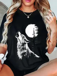 100% Cotton Unisex Graphic Tee Wolf Howling Moon Forest Nature Wildlife Animal T-Shirt Casual Top