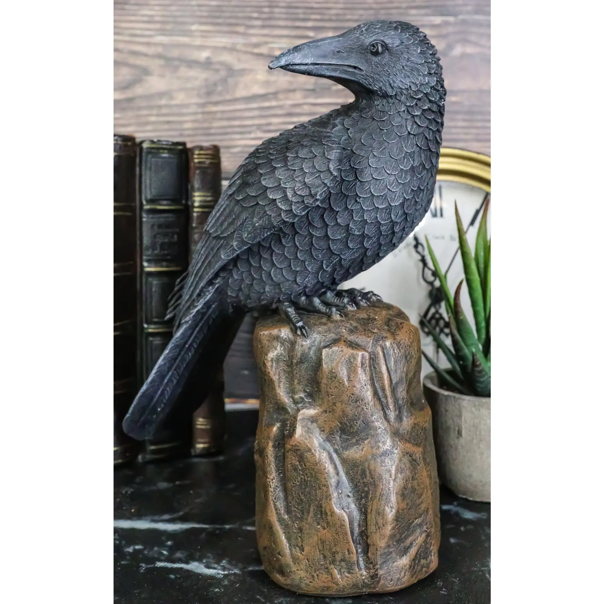 Large Dark Raven on Large Rock Platform Resin Statue Figurine 8" Height