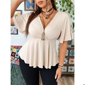 With Tee Sleeve - V Plus Flirla Size Neck Ruffled Short Hem