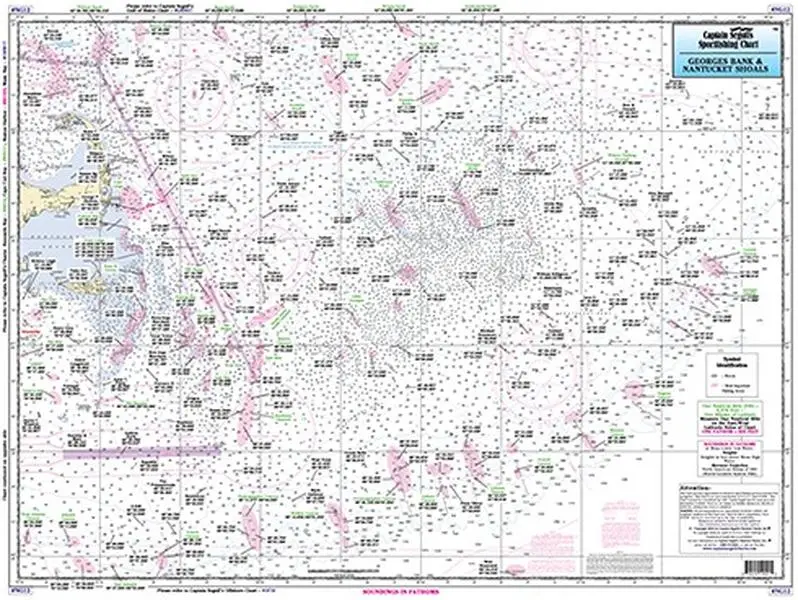 CaptainSegullFishingChart, Offshore Nantucket, Georges Bank to Canyons, NG12, Double sided laminated chart showing fishing areas 19" x 26"