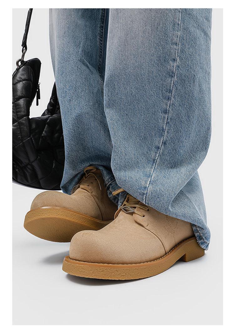 Retro low-top work shoes for men, casual leather shoes with hidden internal lift, new outdoor hiking thick-soled shoes, all-season retro functional casual shoes