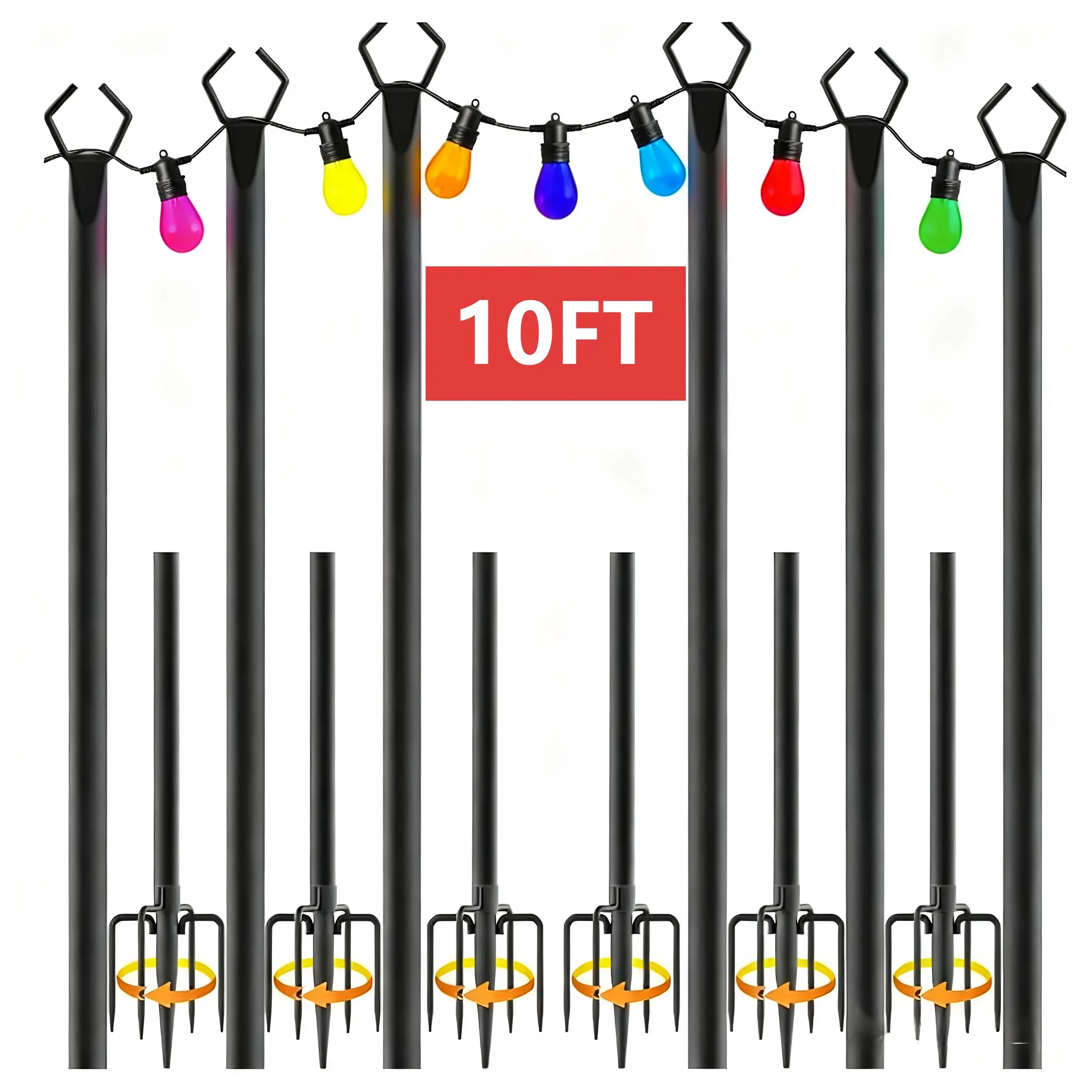 10Ft String Light Poles 6 Pack, Adjustable Outdoor Light Poles for String Lights, Outdoor Lighting Stand with Fork for Patio, Deck, Backyard, Garden, Party & Wedding