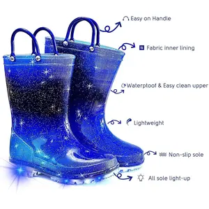 Toddler Rain Boots for Girls Boys, Light Up kids Glitter Rainboots Waterproof Shoes with Handles