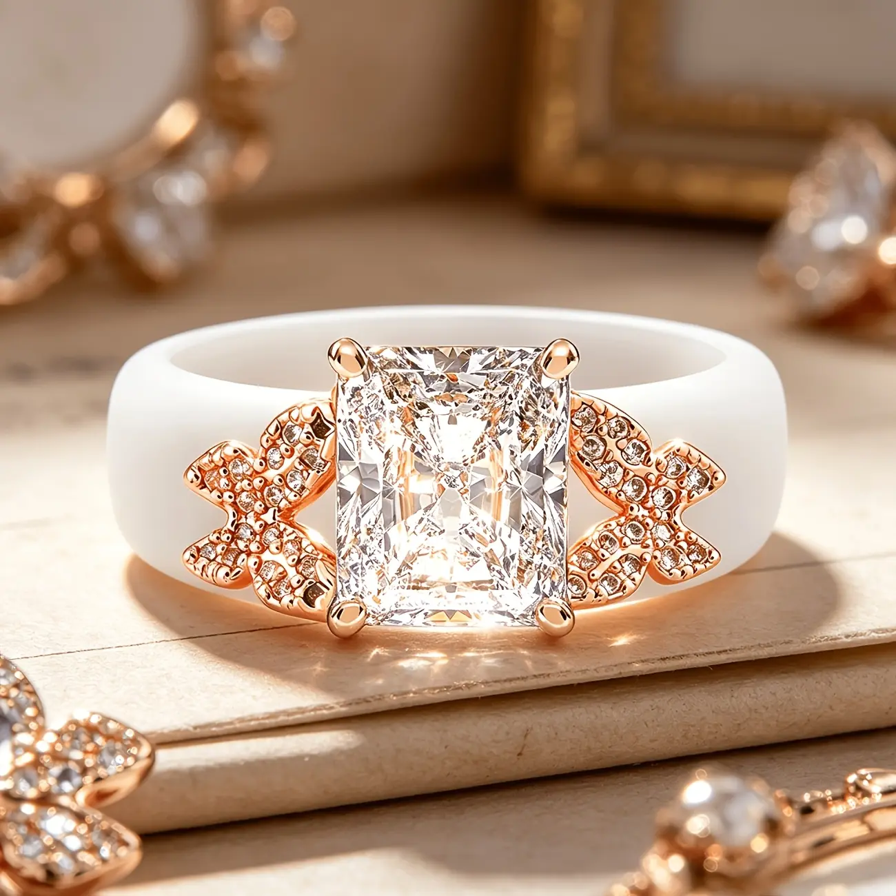 White Comfort Silicone Ring, Butterfly Side Stones & Cut Square CZ, Shiny Stackable Women’s Wedding Band Gift