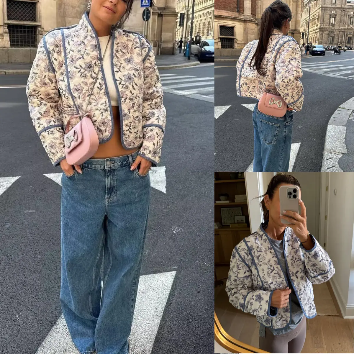 Women's Vintage Floral Print Cropped Puffer Jacket - Foldable Lightweight Quilted Patchwork Open-Front Oversized Cardigan Coat, Long Sleeve Padded, Warm Breathable, Holiday Work-To-Home Transition Outerwear