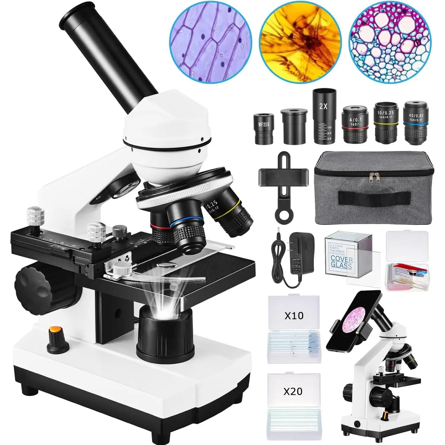 Microscope for Adults ,40X-2000X Monocular Microscope Kit for  School Lab, 2 LED Lights & 5 Colors  Microscope with Phone Holder,10 Specimen Slides,20 Slides,100 Coverslips, Bag