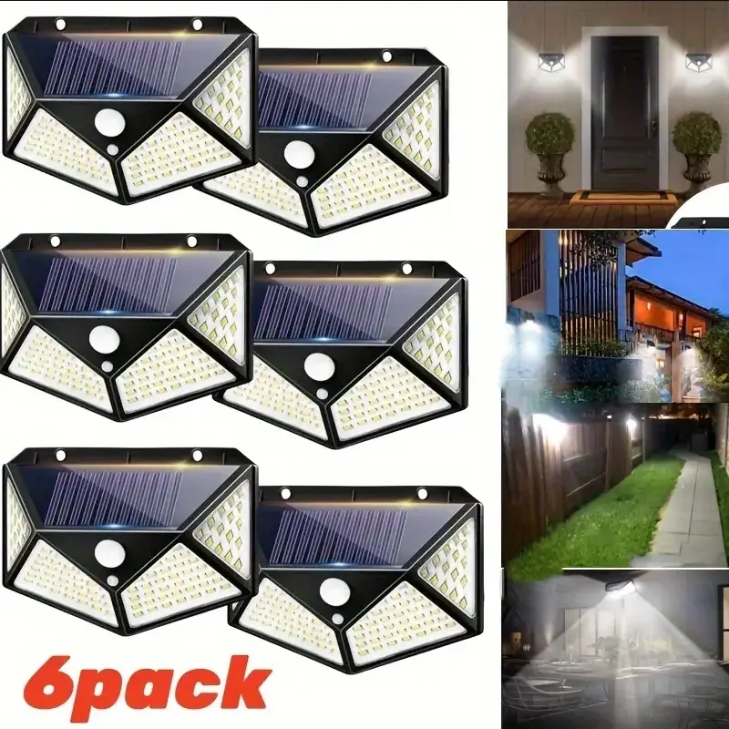 6-Pack Cordless Solar LED Outdoor Waterproof Lights with 100 LEDs, Energy-Saving Safety Design, 3 Lighting Modes, 270° Wide Angle, Motion Sense, Switch Included, Ideal for Driveways, Courtyards