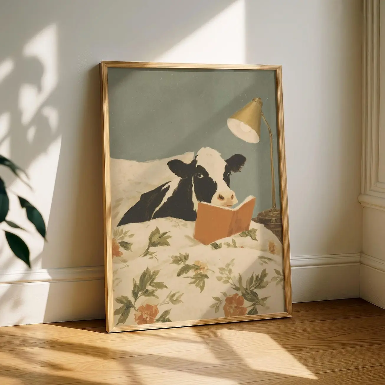 Cow Reading Wall Art, Funny Farmhouse Animal Print, Cottagecore Bedroom J