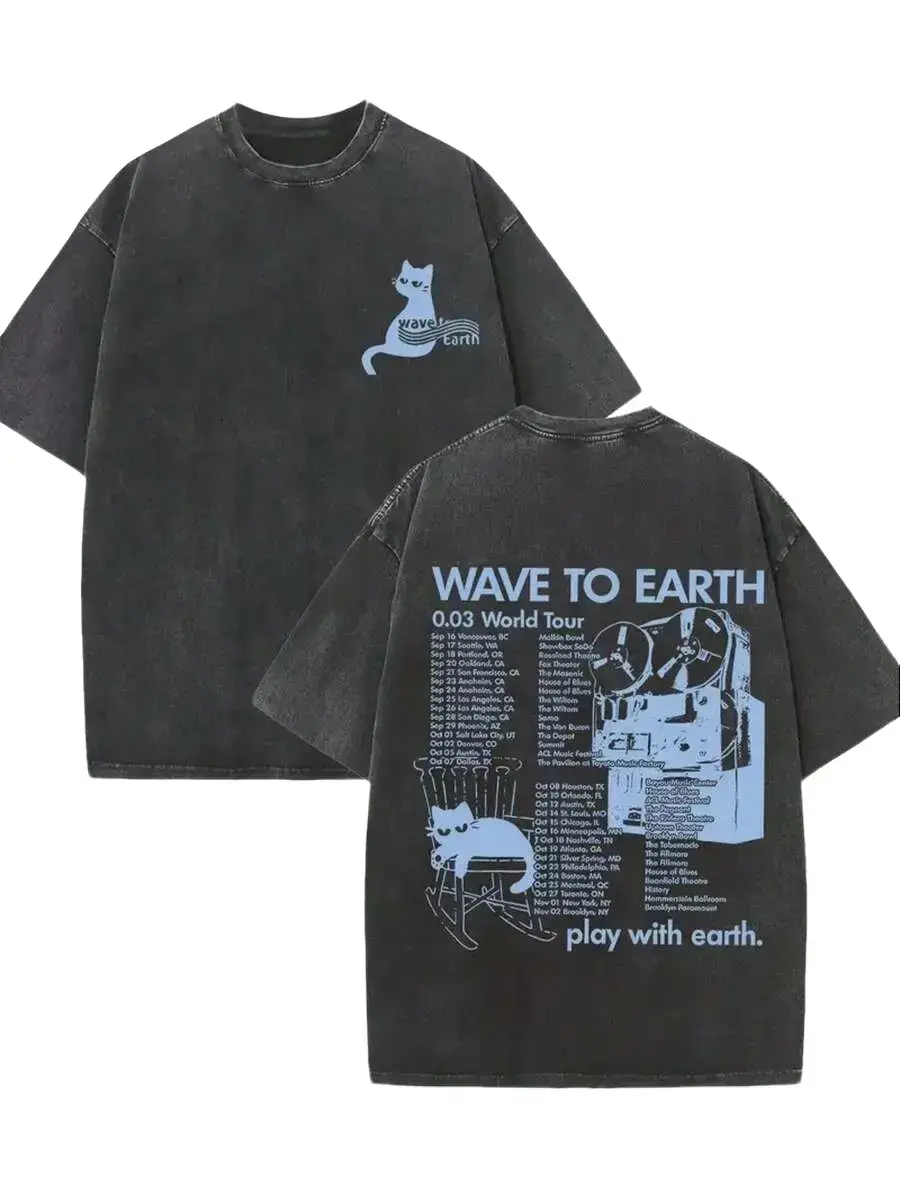 [TD 100%cotton]Retro Washed Black Oversized T-Shirt, Double-Sided "Wave to Earth" 0.03 World Tour Cat Graphic Print Tee, Casual Crew Neck Short Sleeve Top, Streetwear Unisex Loose Fit T-Shirt for Men & Women, Indie Grunge Aesthetic,funny meme shirt