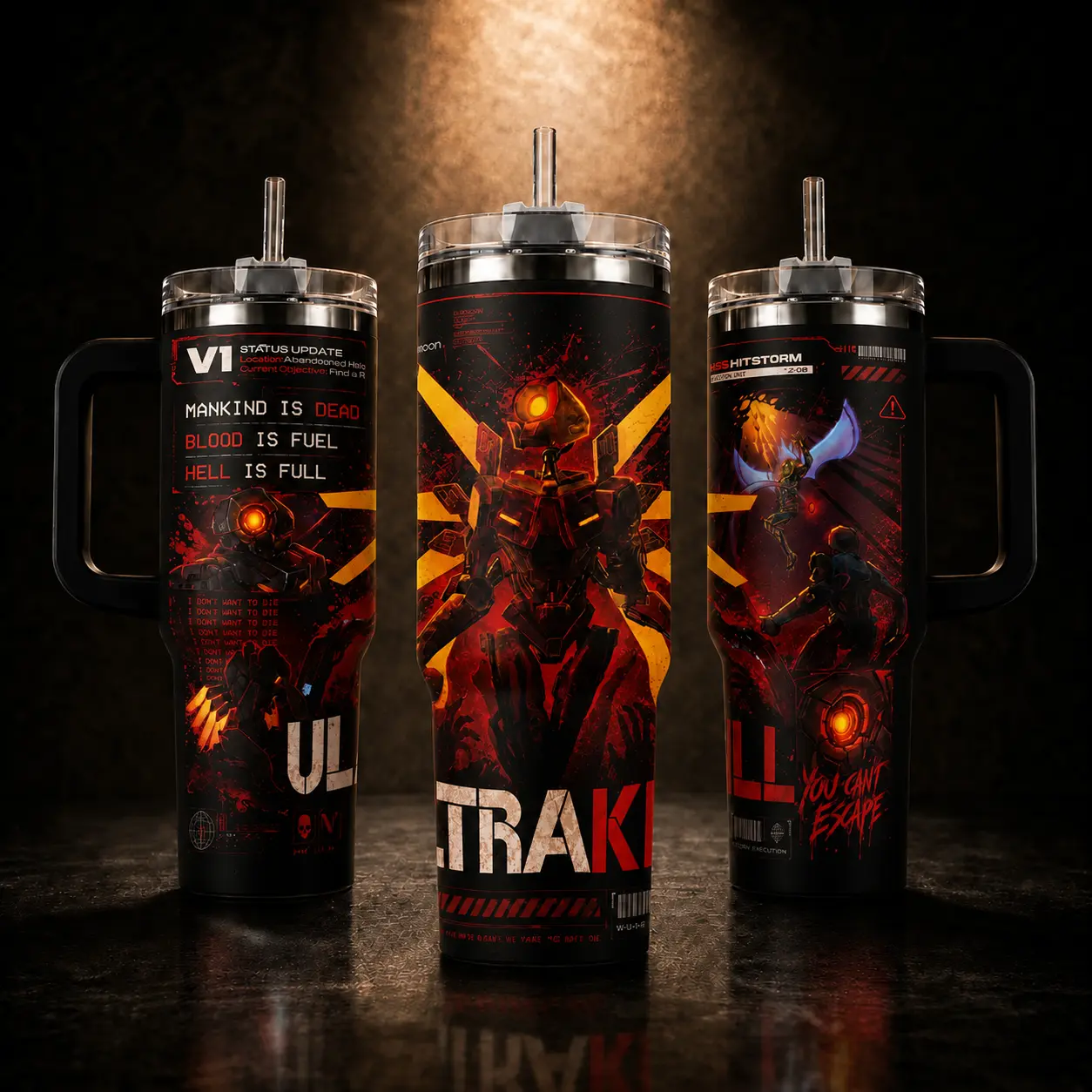 Ultrakill V1 Game 40oz Tumbler with Handle and 20oz Skinny Mug, Mankind is Dead Blood is Fuel Hell is Full Gaming Merch, Insulated Stainless Steel Travel Coffee Cup, Gift for Gamers Fans Leak-proof