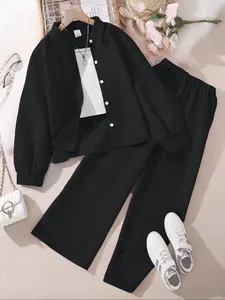 Girls' Casual Button Front Cardigan & Elastic Waist Pants Set, Long Sleeve Woven Fabric, Perfect for Spring & Fall Outdoors