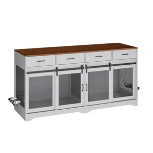 Dog Crate Furniture, 71'' Dog Kennel Indoor with 4 Sliding Doors and 4 Drawers, Multi-Functiona Dog Crate with Feeding Bowls for Medium and Large Dogs for Living Room