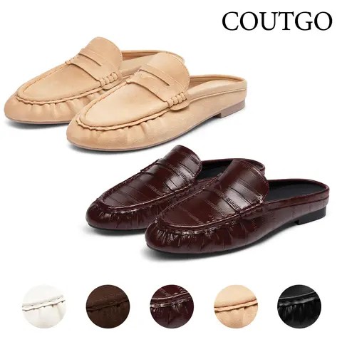 Coutgo Women's Fashion Faux Leather Mule Loafers - Closed Toe, No Heel, Penny Strap, Chain Accent, Lightweight Rubber Sole, All-Season Slip-On Casual Shoes for Women