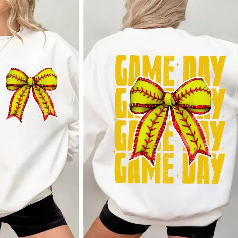 Game Day Softball Bow Oversized Printed 2 Sided Shirt - Sweatshirt, Softball Coquette Bow Tee, Softball Mom Tee, Daily Casual Cotton Womenswear