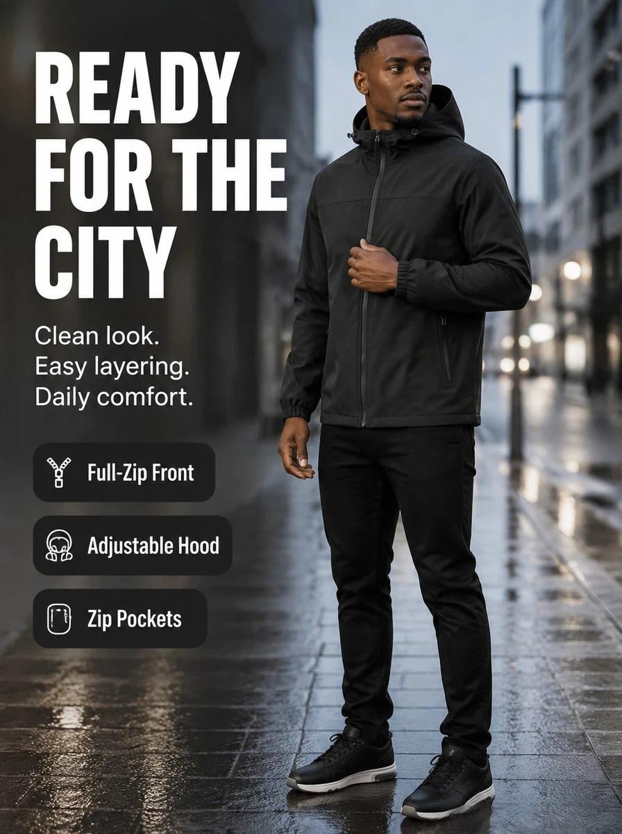 Men’s solid-color windproof hooded jacket with drawstring and zipper; casual long-sleeve jacket with zippered pockets; four-season men’s outerwear; casual-style jacket; men’s mountaineering sports jacket