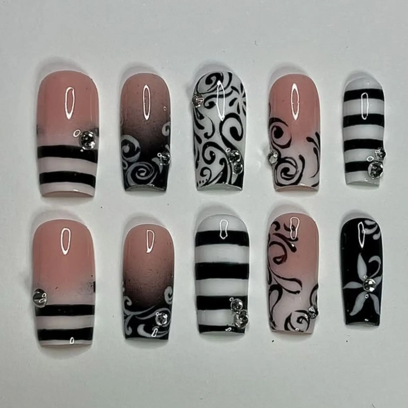 Y2K Black Swirl Press On Nails | Pink Airbrush French Tip Nails | Gothic Stripe Nail Set | Handmade Coquette Press Ons