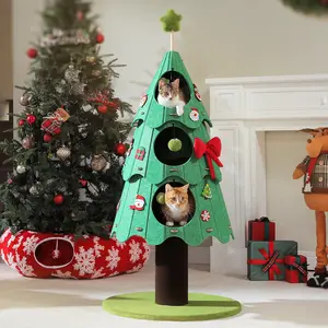 53-inch Christmas Tree-Shaped Cat Tree with 3 Apartments and 4 Pom-Poms, Featuring Only a Bow Toy and No Other Decorations