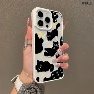 Cute Black Cat Moon Star Trendy Pattern Premium Magnetic Phone Cases for iPhone 16 15 14 Pro Max 13 12 11 Plus Smartphone Shockproof Protection Acrylic Cover Cellphone Protective magsafe magnetic case Aesthetic Resistance Casing