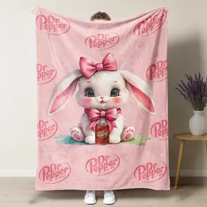 Dr Pepper Cute Bunny Blanket - Adorable Pink Design with Bowknot Rabbit & Soda Can Pattern, Perfect for Soda Lovers & Girls, Ideal for Cozy Bedroom Decor & Gifting
