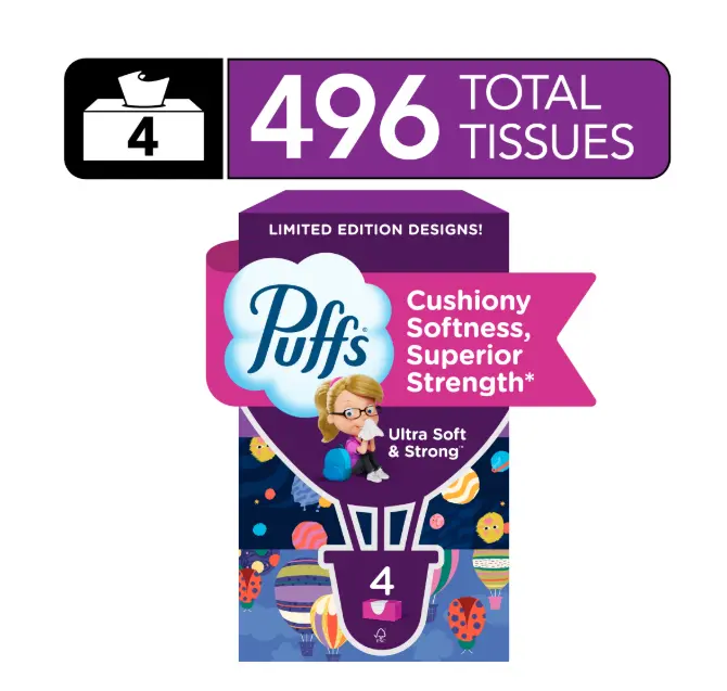 Puffs Ultra Soft Facial Tissues, Back-to-School Exclusive, 4 Rectangle Boxes, 124 Facial Tissues Per Box