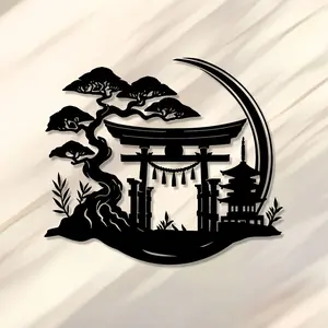 1 piece of Japanese Zen metal wall art with pine and moon design, black iron home decoration, Artistic, modern home decoration, suitable for living room, bedroom, dining area, 11.81 x 11.81 inches, room decoration