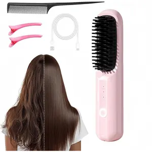 Go Brush for Short Hair, 2026 New Portable Hair Cordless Straightening Brush, Fast Heating Ceramic Brush, USB-C Rechargeable for Short Long Hairs Travel Vacation Home Use Styling Tool (Pink)