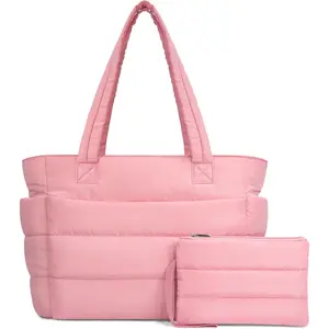 Puffer Tote Bag for Women, Lightweight Puffy Handbag with Compartments, Quilted Shoulder Bag