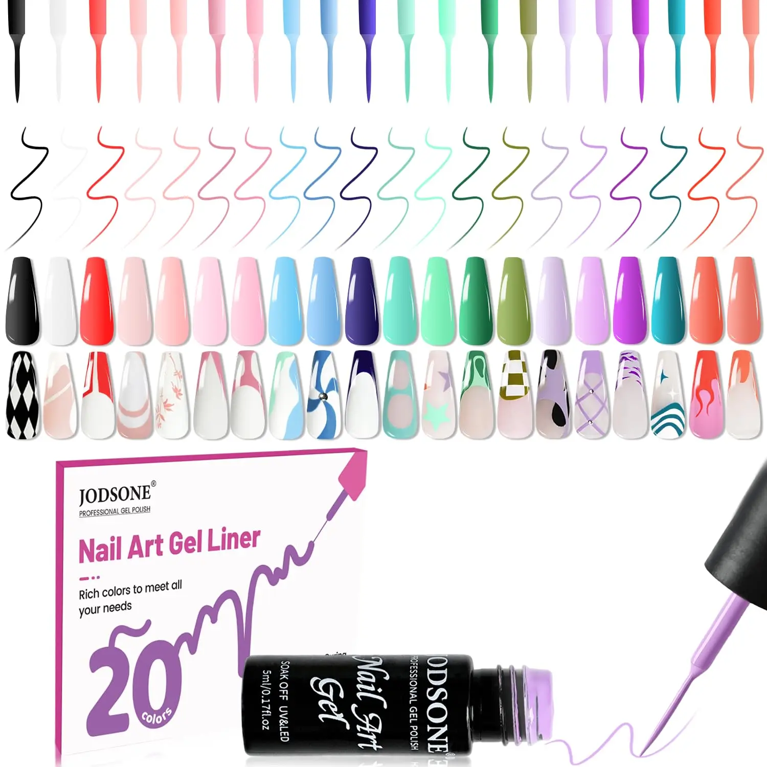 JODSONE 20-Color Gel Liner Nail Art Kit with Built-in Brush for Manicure & Easy Nail Art, UV/LED Light Cured Gel Polish, Professional Beauty Products for Home & Salon, 20Pcs, Gel Nails At Home