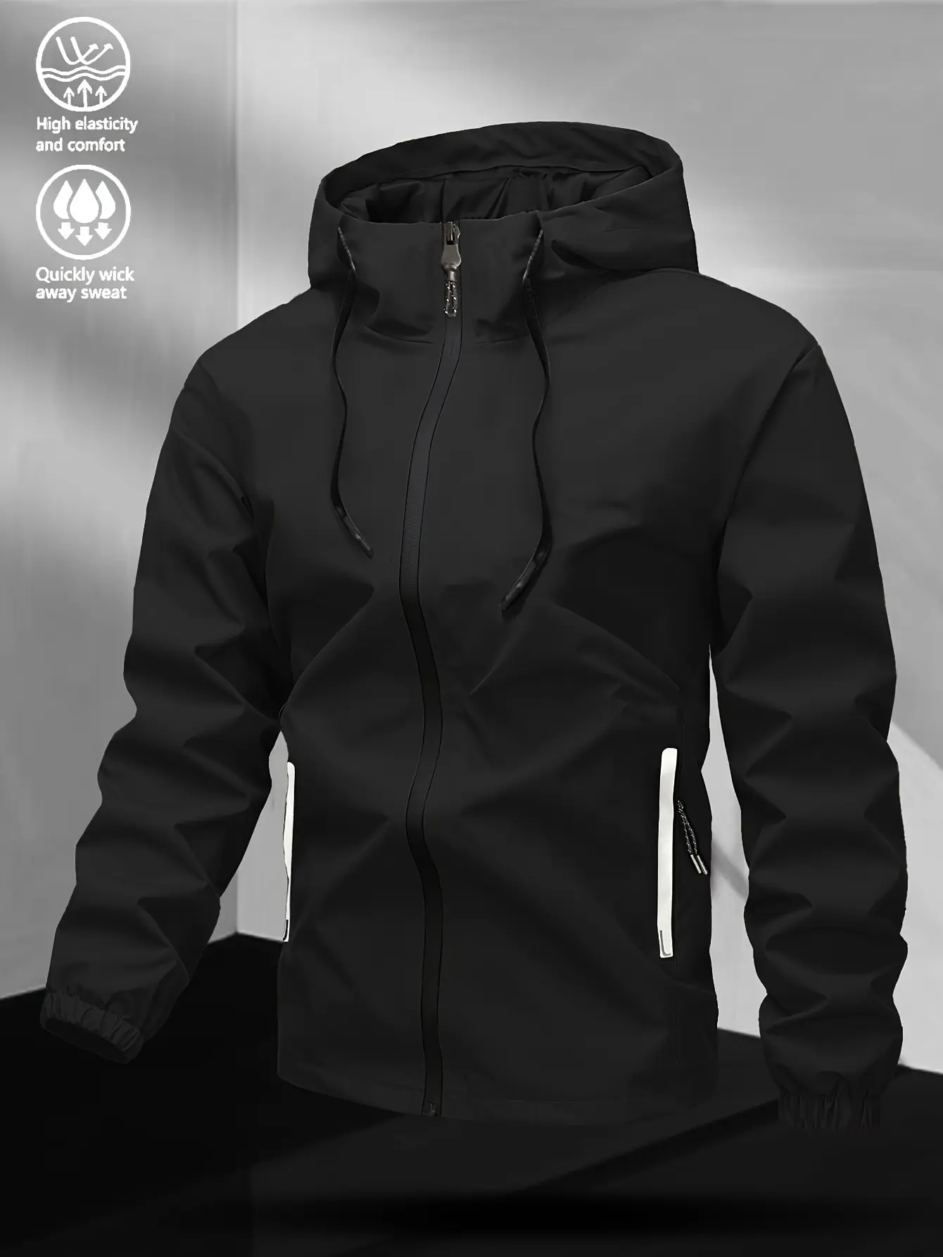 Men’s casual windproof hooded jacket, commuter outerwear with zippered pockets, suitable for outdoor camping, hiking, and other activities.