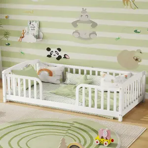 [Bellemave]  Twin/Full Size Floor Fence Bed with Central Entrance,Pine Wood Floor Bed Frame with Guardrails